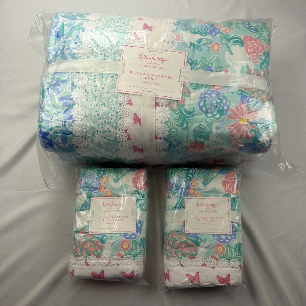 Pottery Barn Kids Lilly Pulitzer Unicorn Patchwork F/Q Quilt + 2 Shams NEW